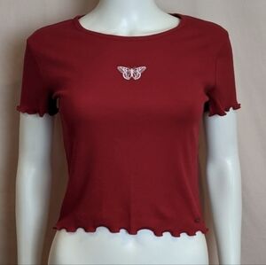 Hollister Red Ribbed Short Sleeve Cropped Lettuce Hem Butterfly Baby Tee Size XS